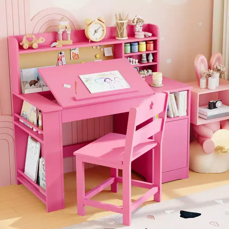 Kids Study Desk & Chair Set with Storage, Kids Study Desk with Hutch and Tiltable, for 3-8 Years Old, Student Writing Table for Bedroom