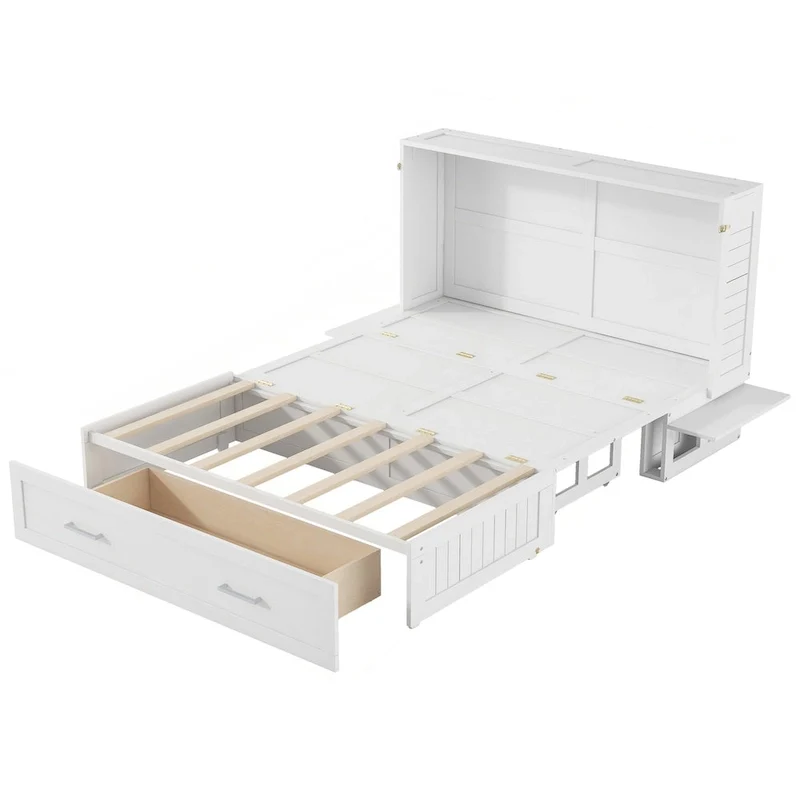 White Queen Size Wall Murphy Bed with Drawer and Side Shelves for 1–2 Person