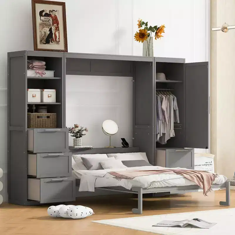 Queen Size Murphy Bed Wall Bed with 2 Side Closet, Drawers and Shelves, Cabinet Bed Folding Wall Bed for Guest Room Bedroom Office