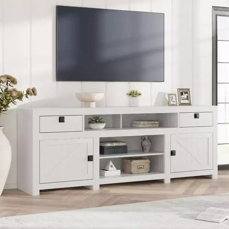 Farmhouse TV Stand for 75/80 Inch TVs, 70 Long Entertainment Center w/4 Storage Drawers & 3 Open Shelf, White Television Consoles Stands for Home