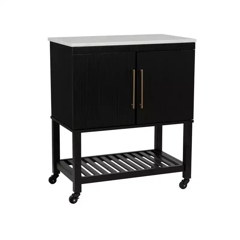Kitchen Cart in Black with Granite Stone Top, Soft-Close Doors and Storage Shelves