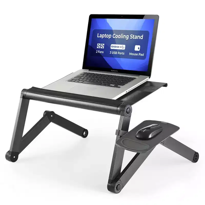 Adjustable Laptop Cooling Stand & Lap Desk, Aluminum, USB Ports, Black