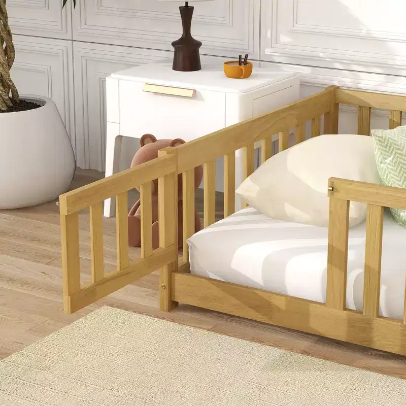 MAYEERTY Twin Floor Bed with Fence without Door, Rubber Wood Floor Guardrails Beige