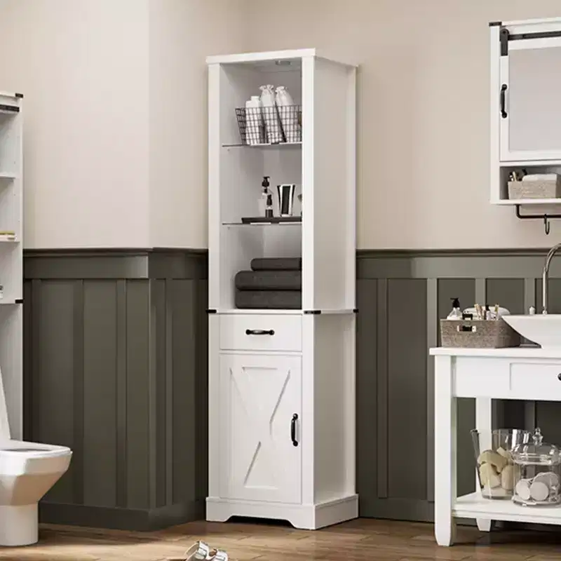 75 LED Storage Cabinet with Barn Door, Farmhouse Pantry with Glass Shelves, White