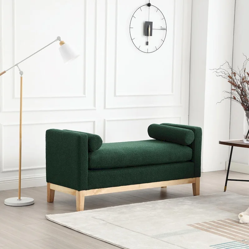 Elegant 53.5 Upholstered Ottoman Bench with Wood Legs & Bolster Pillows