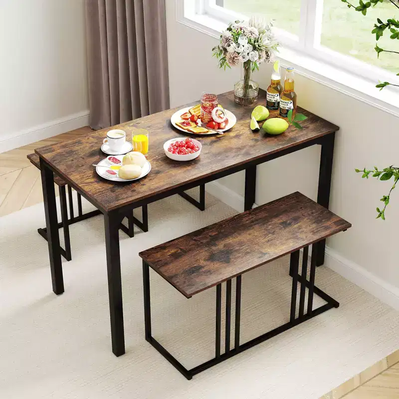 Costway 4-Piece Dining Table Set Industrial Kitchen Table Set w/ Bench & 2 Stools