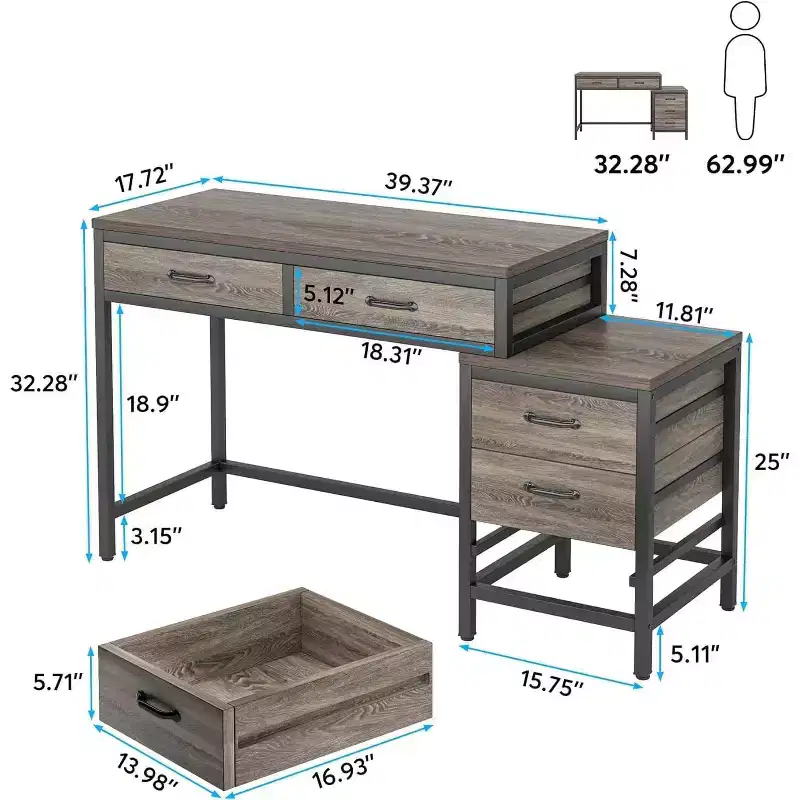 Computer Desk with 5 Drawers, Home Office Desk with Printer Stand, Industrial PC Desk with Storage for Small Spaces, Grey