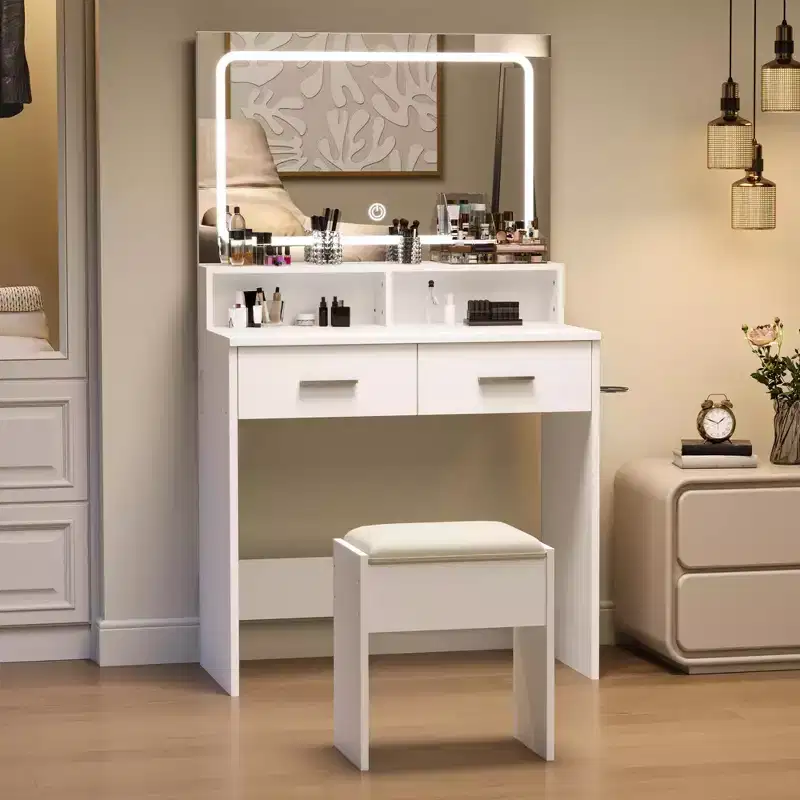 Acekool White Vanity Desk with Mirror Drawers and Stool