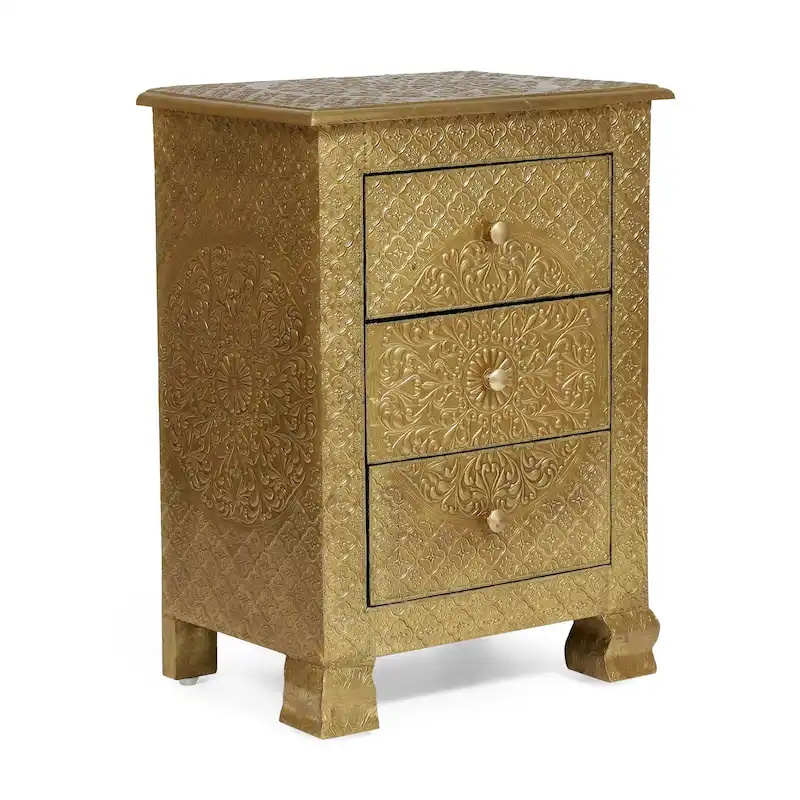 Handcrafted Boho 3-Drawer Nightstand, Gold Finish, Bedroom Side Table
