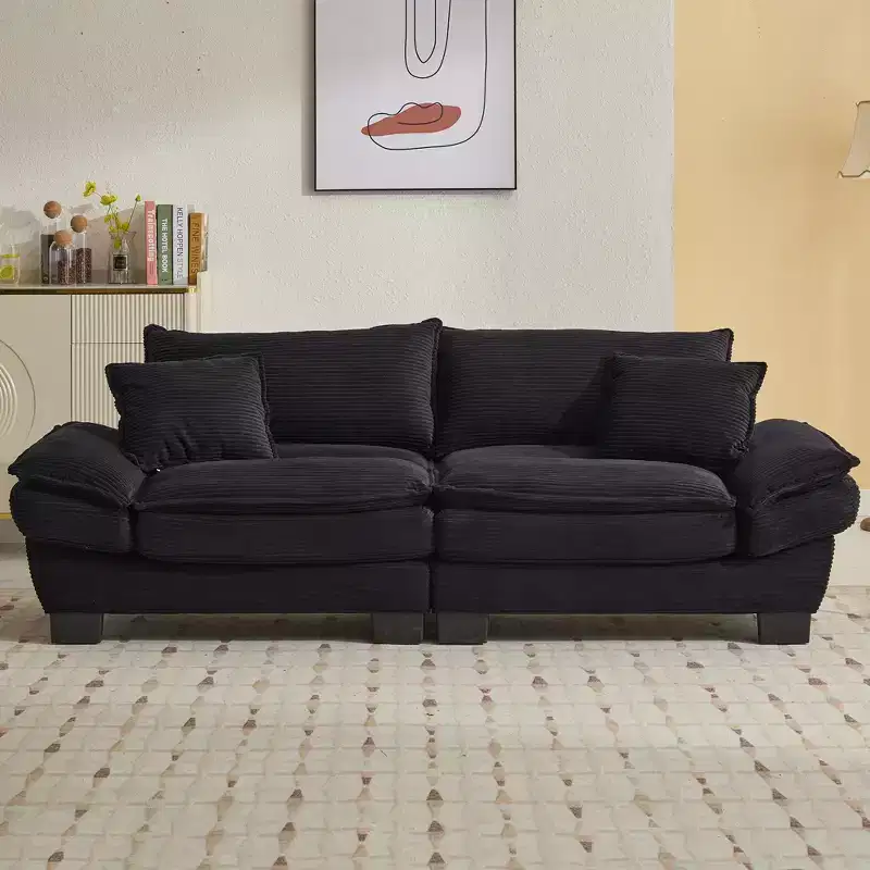 Corduroy Loveseat, Upholstered Deep Seat Sofa with Pillows for Bedroom, Living Room, Office, Black
