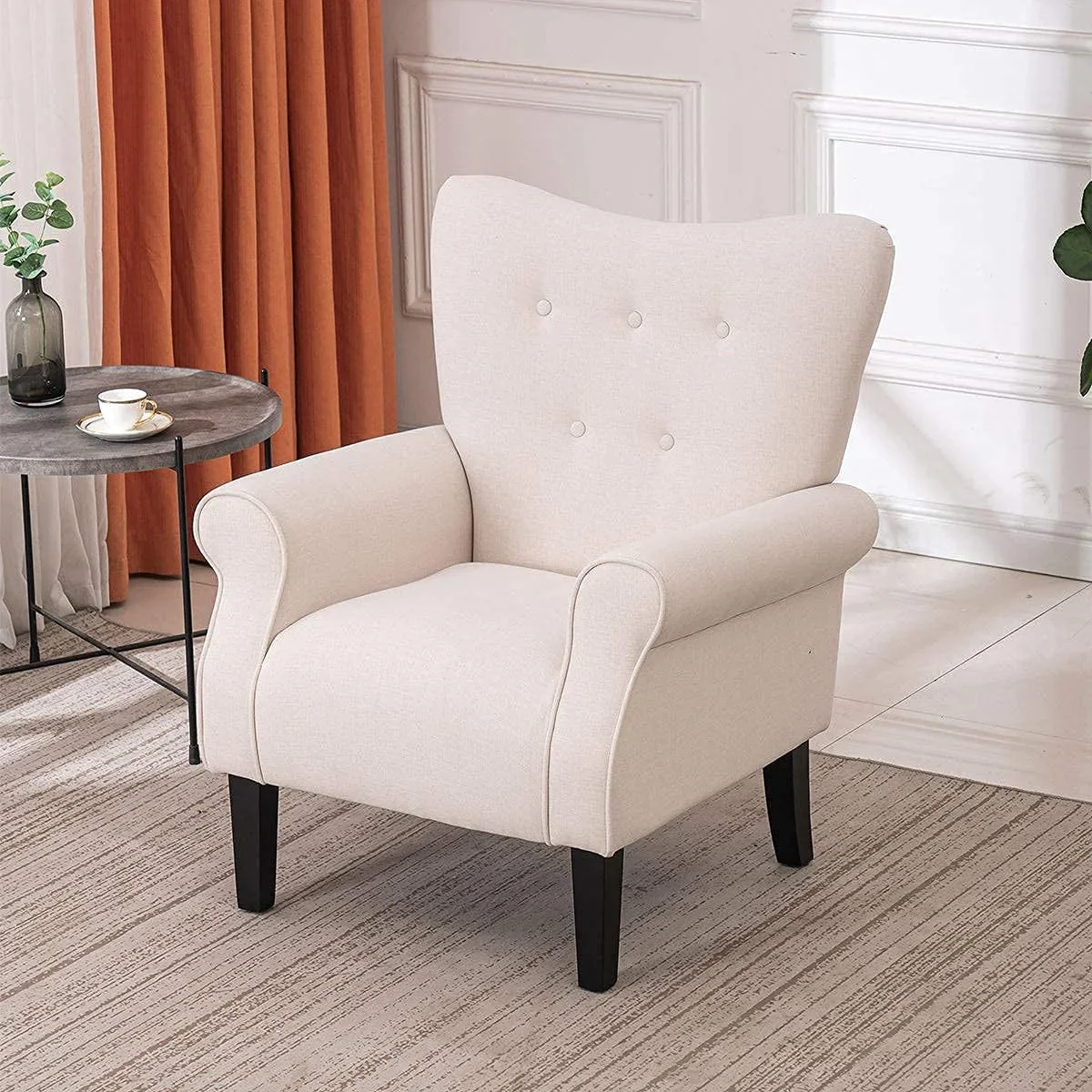 Erommy Modern Accent Chair, High Back Armchair, Upholstered Fabric Button Single Sofa with Wooden Legs for Living Room