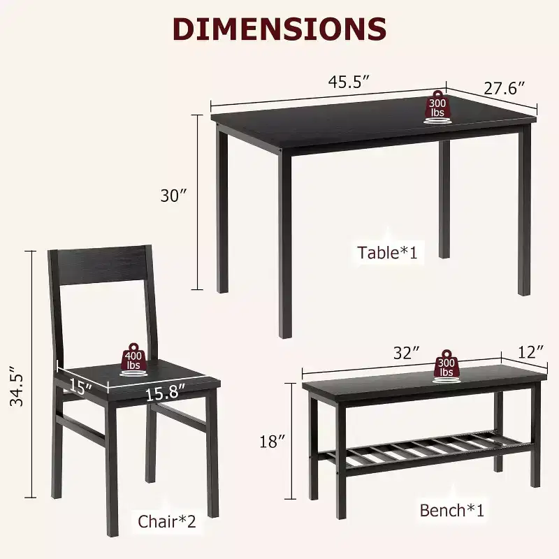 Modern Dining Table Set for 4 with Metal Frame, Chairs, and Bench, 4-Person Kitchen Table with Storage Rack, Ideal for Apartments and Dining Rooms.
