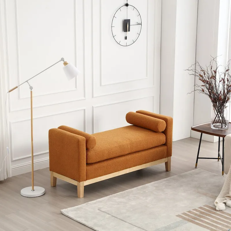 53.5W Elegant Boucle Upholstered Bench, Ottoman with Wood Legs & Bolster Pillows
