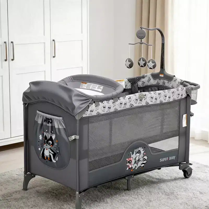4-in-1 Baby Bassinet & Playard-Light Gray Portable Crib with Changing Table,Zip Door & Toy Bar - Locking Wheels & Storage for Newborns to Toddlers