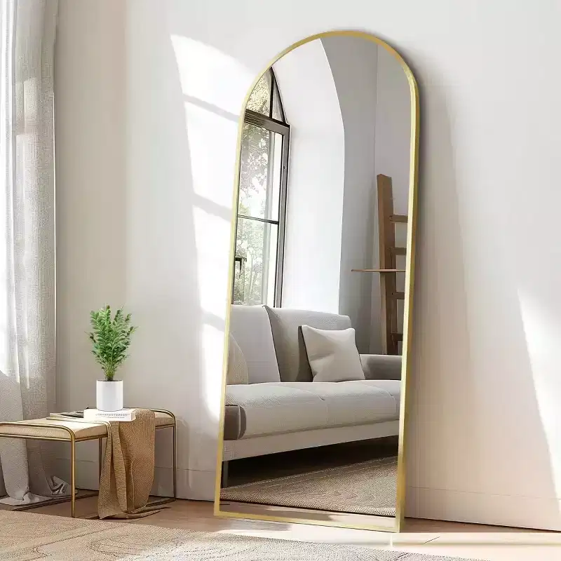 Gold 23.62 x 66.93 Inch Arch Shaped Thin Edged Aluminum Alloy Full Length Mirror with Stand for Living Room and Bedroom Wall Decor