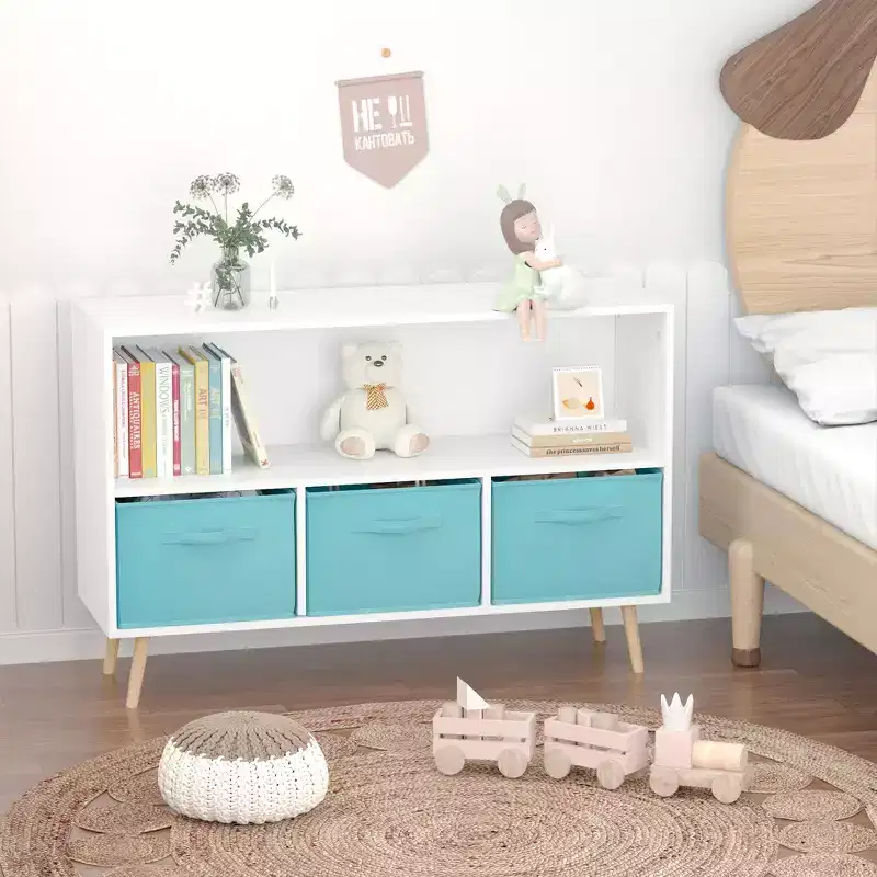 Whisen Kids Bookshelf with 3 Cloth Drawers, Multi-Purpose for Books/Toys, Wall-Mounted Safety Buckle, High-Density MDF