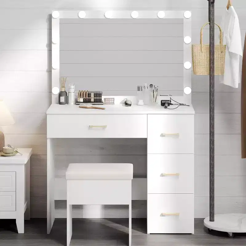 WAYES Makeup Vanity Set with Lighted Mirror, Charging Station, Storage Stool, 3ft Large Vanity Desk, Modern White