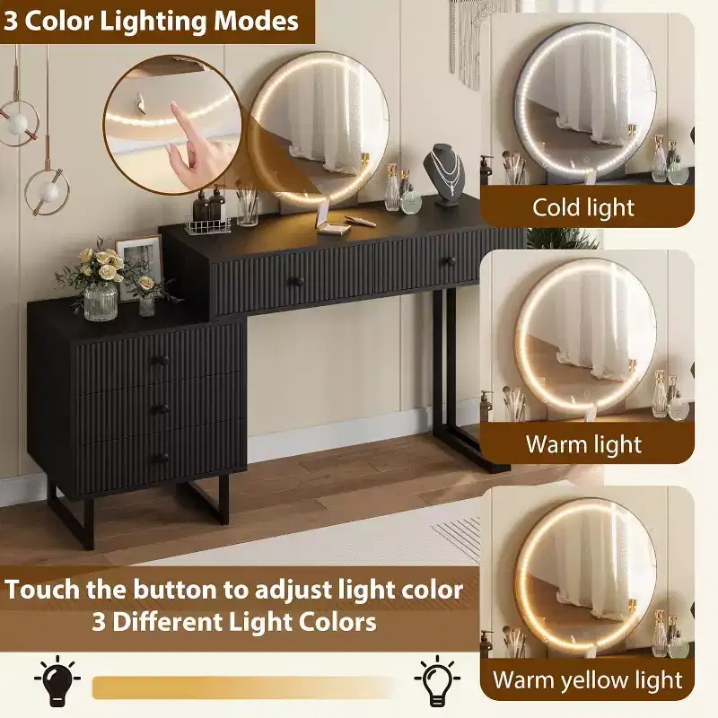 Makeup Vanity Desk with Mirror, 5 Drawers & 3 Color Lights – Adjustable Brightness