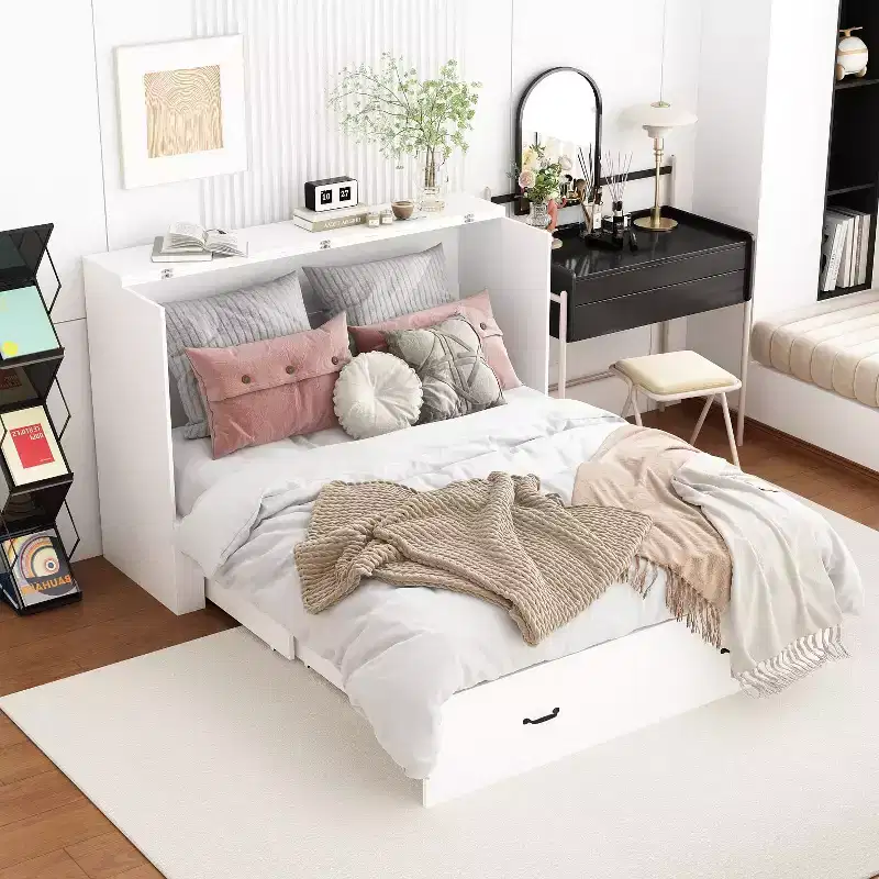 White Pull-Out Murphy Bed with Drawer & Charging Station – Full/Queen, 1–2 Person