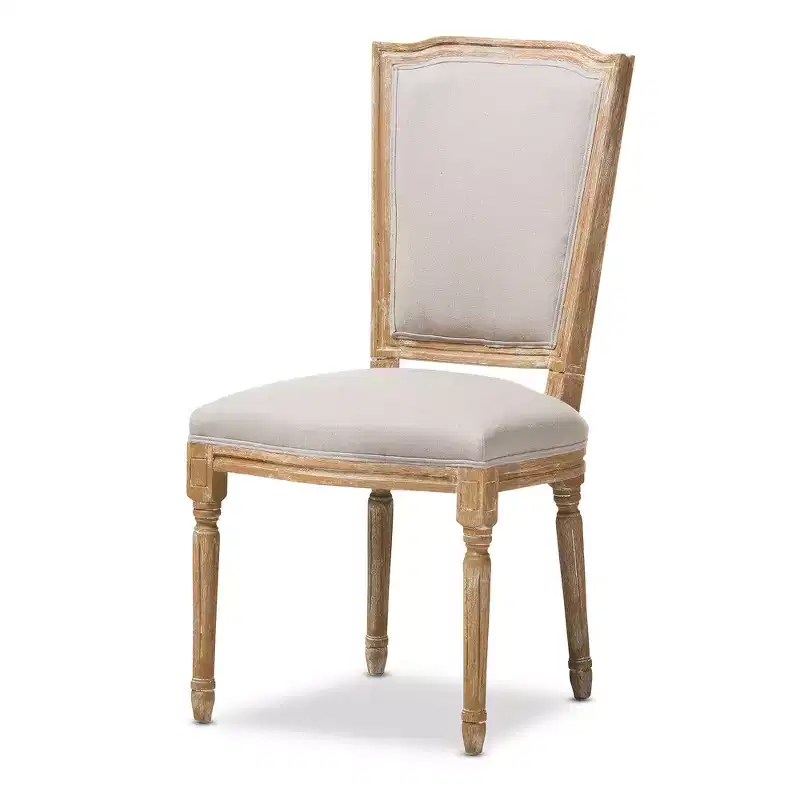 French Vintage Cottage Weathered Oak & Beige Linen Dining Chair