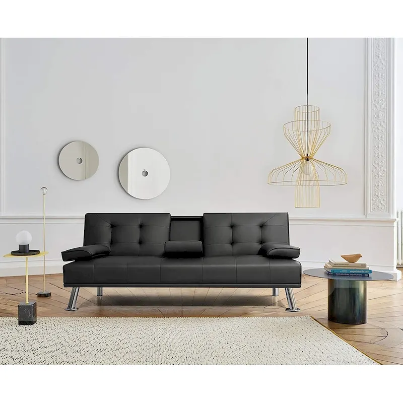 Furniwell Modern Faux Leather Futon with Cup Holders & Pillows, 65