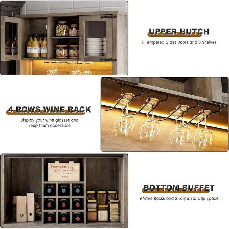 Modern Farmhouse Coffee Bar Cabinet with LED Lights & Power Outlets, Kitchen Cabinet