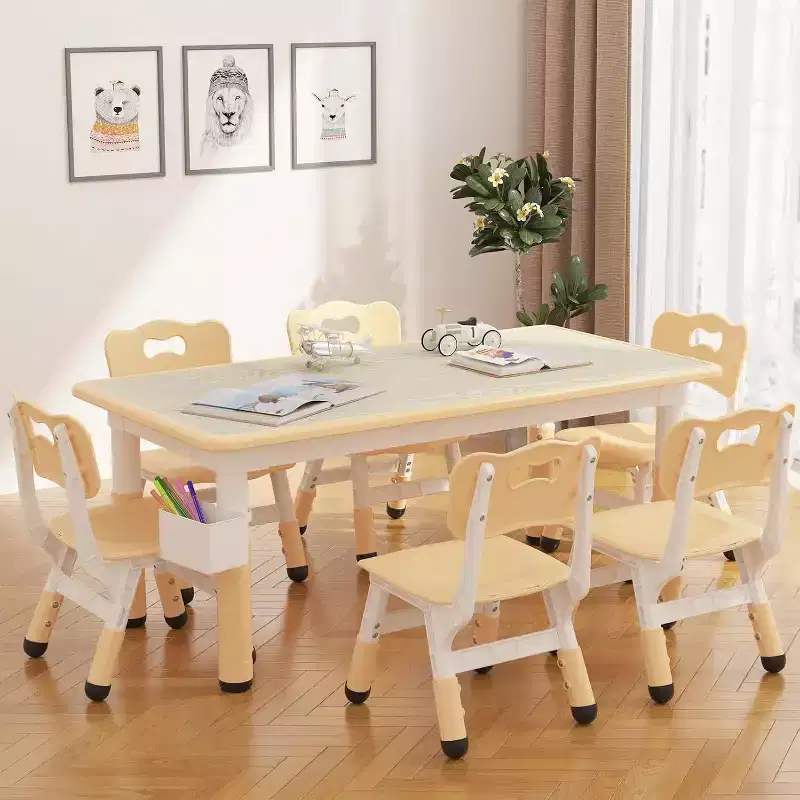 CuisinSmart Kids Table and 6 Chairs Set with Storage Box, Height Adjustable Toddler Table and Chair Set, Graffiti Desktop, Non-Slip Legs, Natural