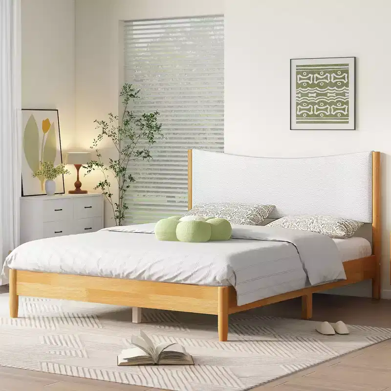 Queen Size Platform Bed with Boucle Upholstered Headboard & Underbed Storage, Natural