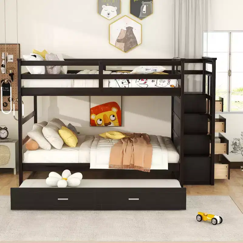 Full Over Full Bunk Bed with Twin Trundle, Storage Drawers & Staircase, Wooden Loft Bed Frame - ModernLuxe