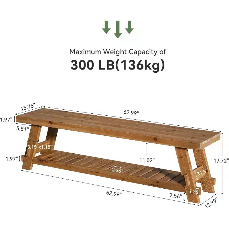 Lantine 63 Solid Wood Shoe Storage Bench , Farmhouse Entryway Bench with Storage Shelf, Dining Bench for Entryway, Bedroom, Mudroom, Rustic Brown