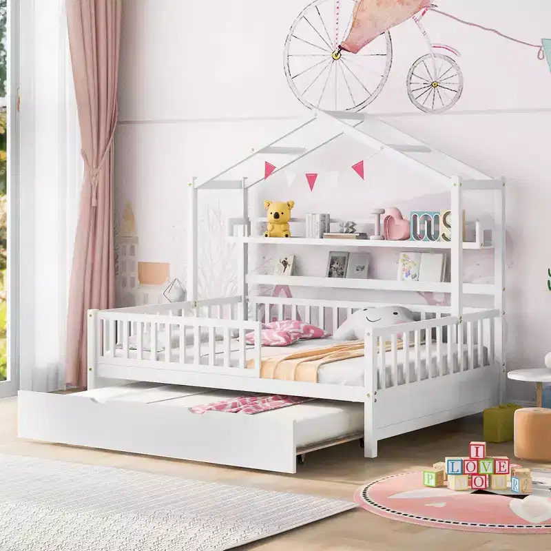 Wooden Full Size House Bed with Twin Size Trundle, Kids Bed with Shelf, White