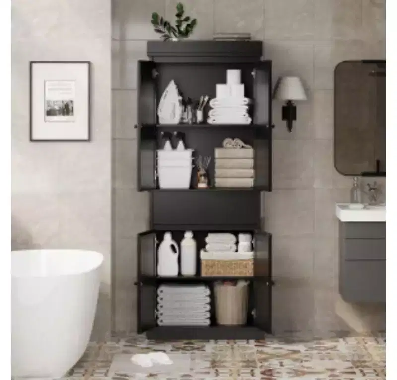 Tall Rattan Storage Cabinet - MDF+PB+Iron Construction for Bedroom/Living Room