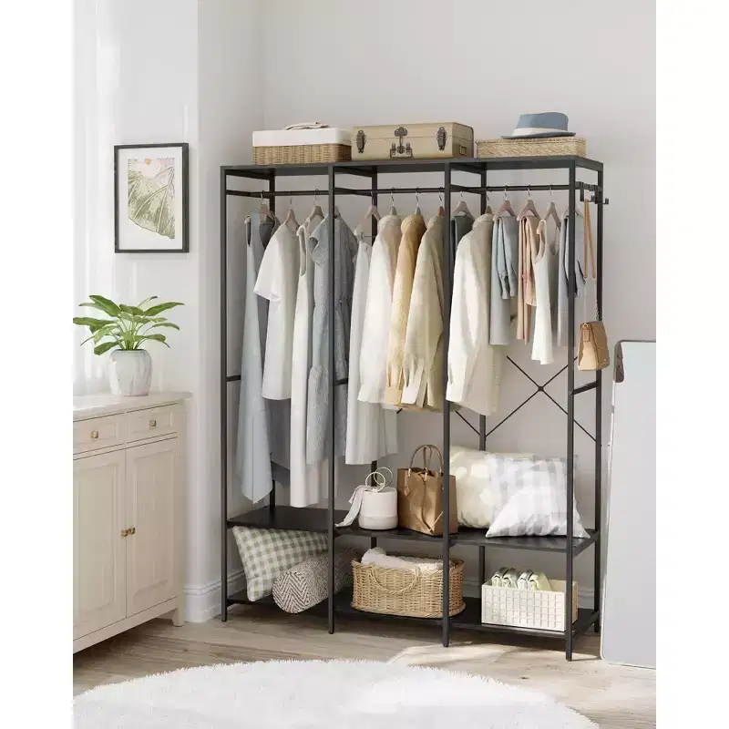 Iron and Wood Clothes Rack, Wardrobe Closet Organizer with Hanging Rods
