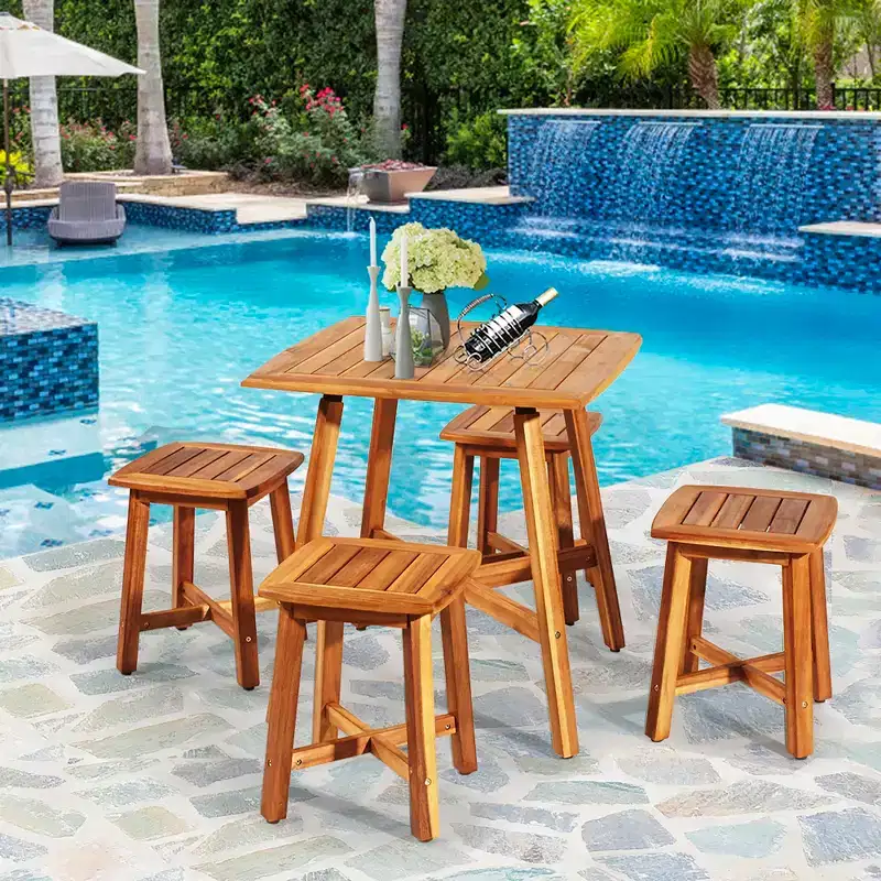Costway 5PCS Acacia Patio Dining Set W/Square Table & 4 Stools Reddish Brown