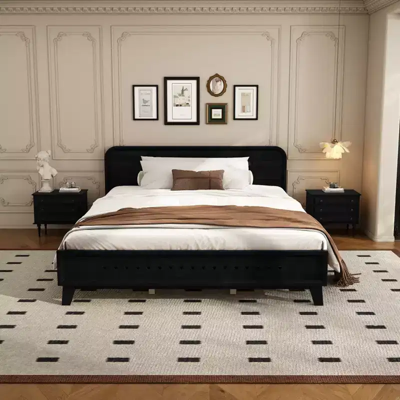 Queen/King Size Bed Frame, Pine Wood Platform Bed with Headboard, No Box Spring Needed - ModernLuxe