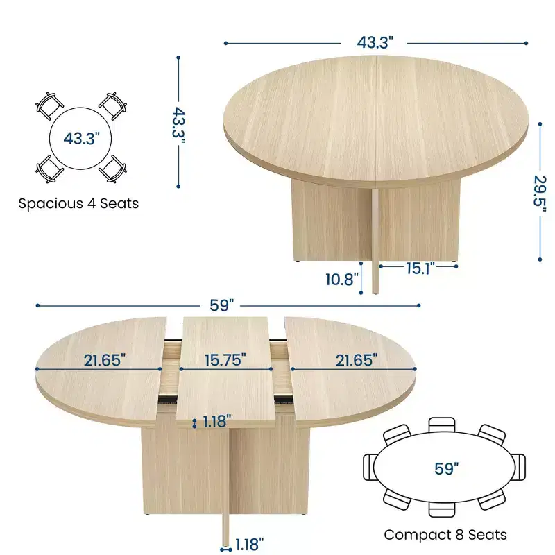 43.3''-59'' Extendable Round Dining Table for 4-8, Modern Kitchen Oval Dining Table with Removable Leaves, Dinner Table for Dining Room, Kitchen