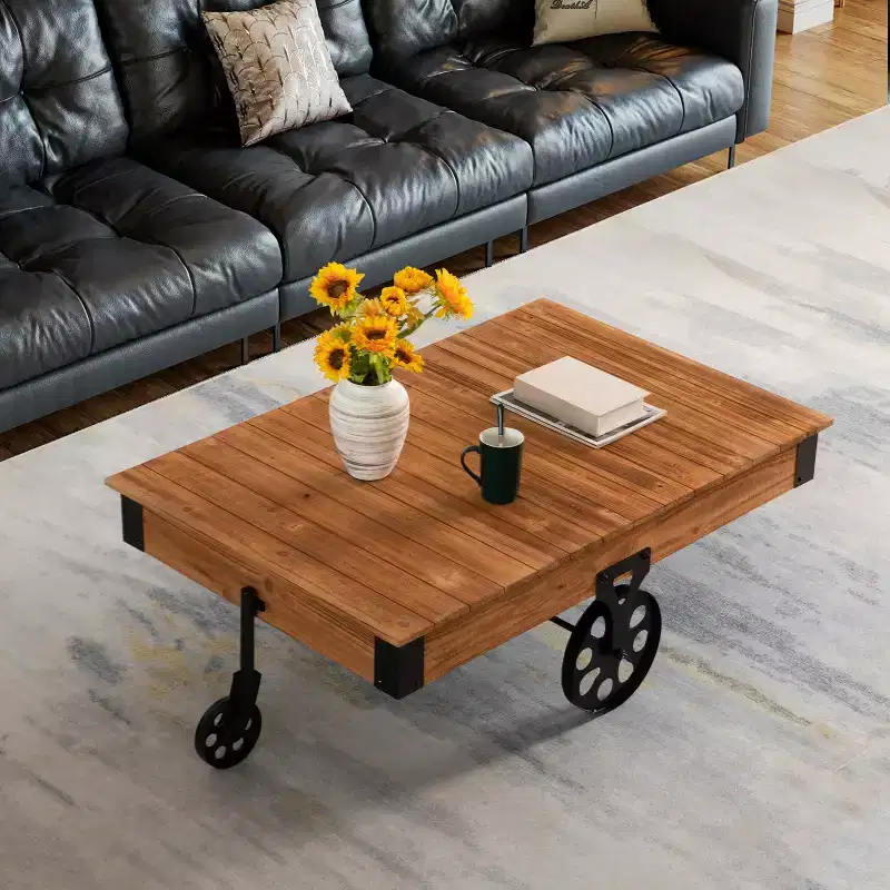 Vintiquewise Large Rustic Vintage Industrial Wooden Coffee Table with Detailed Wood Grain Metal Accents and Black Cast Iron Cart Wheels