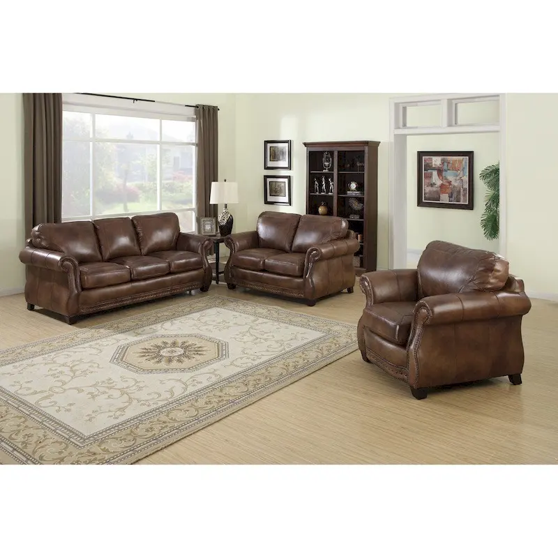 Cognac Brown Italian Leather Sofa, Loveseat and Chair Set
