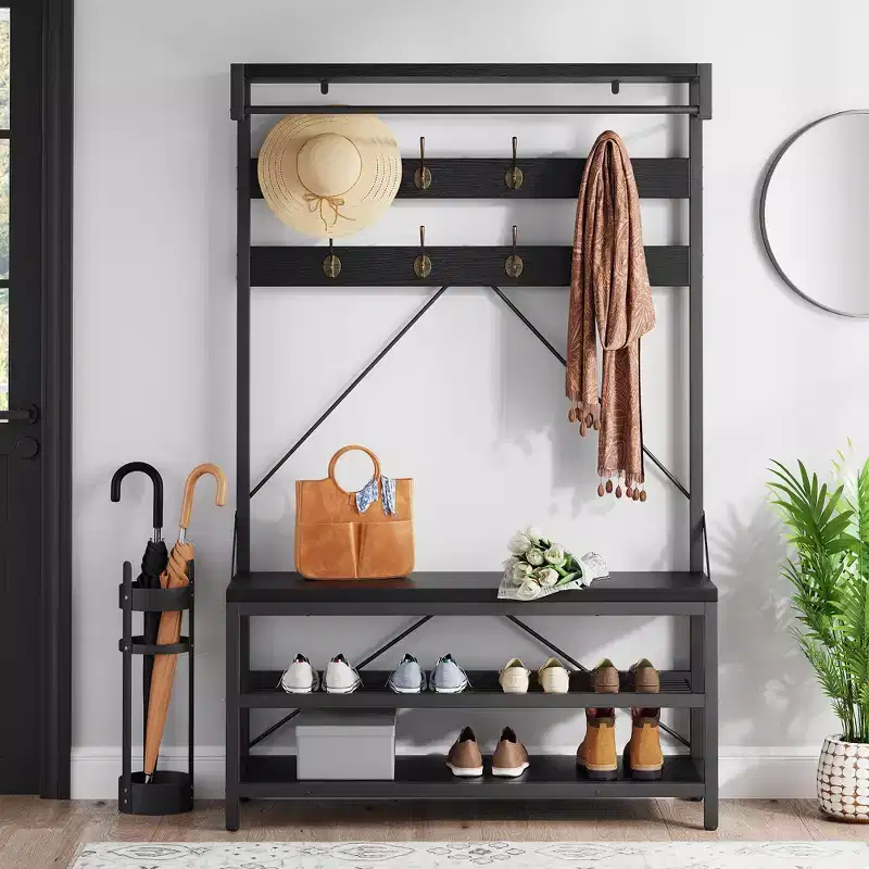 Hall Tree with Bench and Shoe Storage - 74 Tall Entryway Furniture with Top Shelf and 4 Metal Hooks, Coat Rack Cabinet Organizer