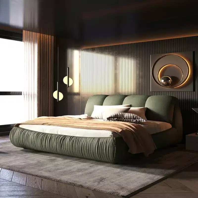 King Size Luxury Upholstered Platform Bed with Oversized Padded Backrset and Solid Wood Frame Green
