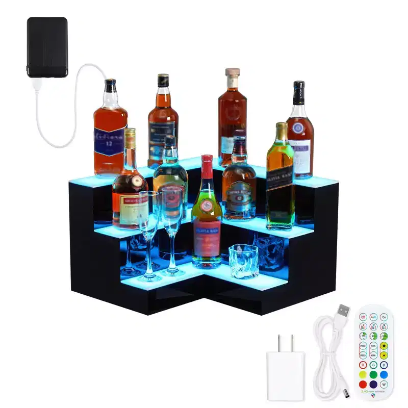 Liquor Bottle Display Shelf, 3-Tiers 20-Inch Acrylic Lighted Bottle Display with Remote & App Control