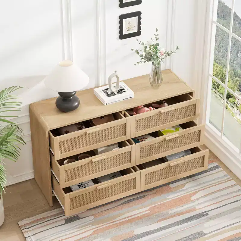 51.18-inch Solid Wood Curved Corner Rattan Cabinet with 6 Deep Drawers