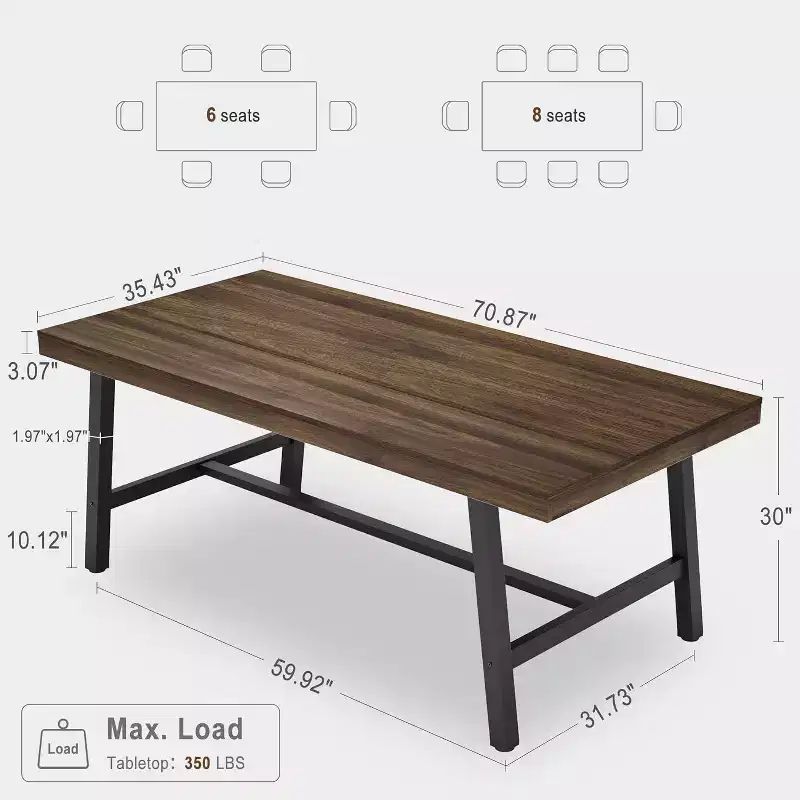 Rustic Wood Dining Table for 6-8 People with Sturdy Black Metal Legs, Industrial Rectangle Design, Perfect for Kitchen, Dining Room, Living Room