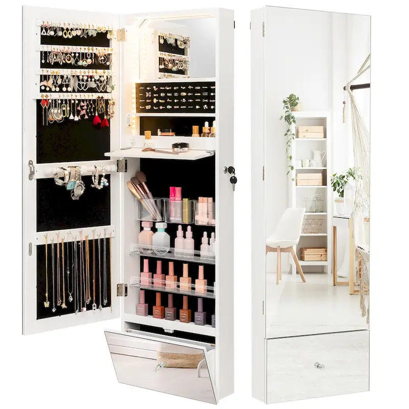 Wall-Mounted Jewelry Cabinet Armoire – White, Full-Length Mirror, LED Lighting, Flip-Down Vanity, Lockable