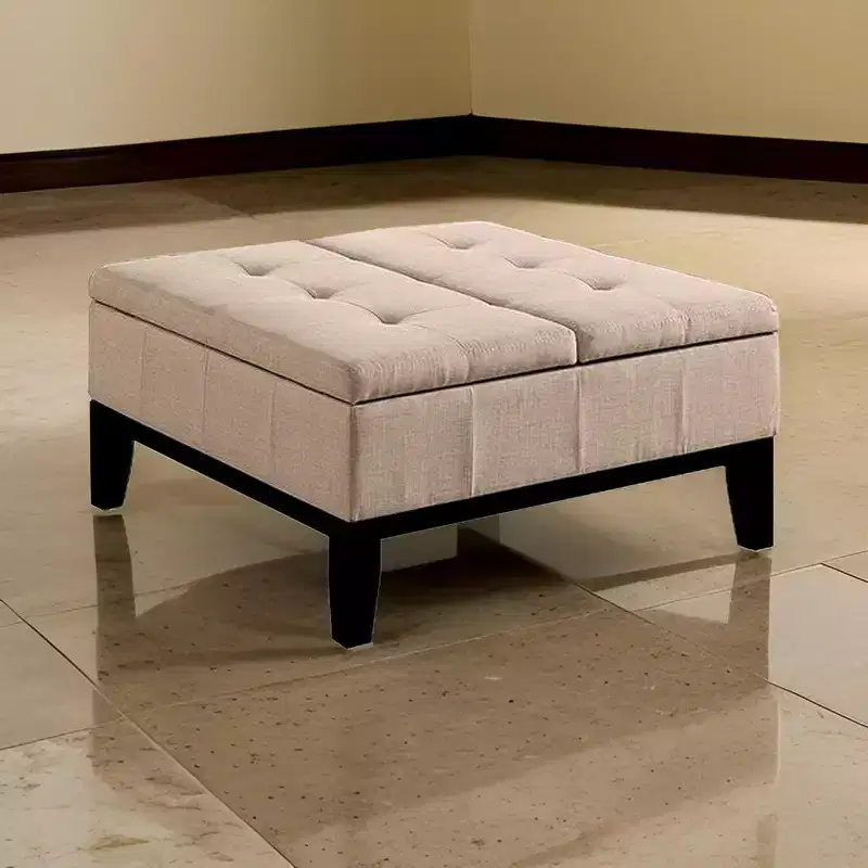 36 Inch Storage Ottoman, Split Storage Lid, Tufted Beige Upholstery, Wood