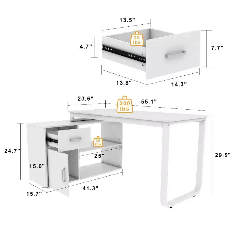 Famapy White Rotatable L-Shaped Computer Desk With Storage Drawers and Shelves