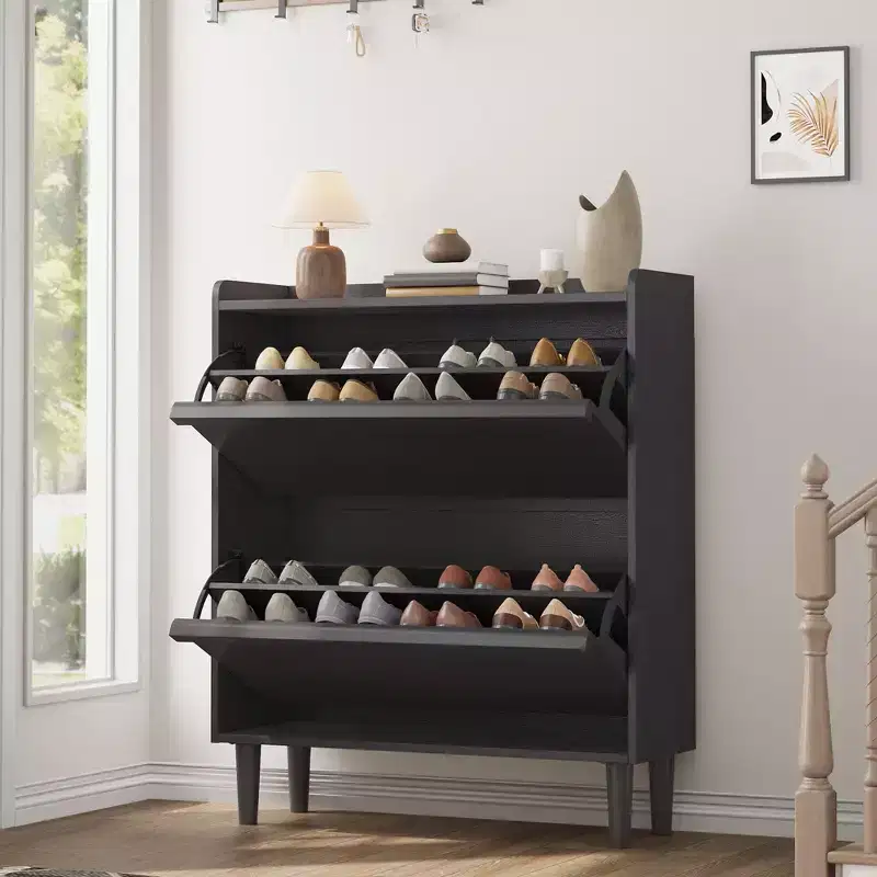 Shoe Cabinet with 2 Flip Drawers, Wooden Shoe Organizer Cabinet