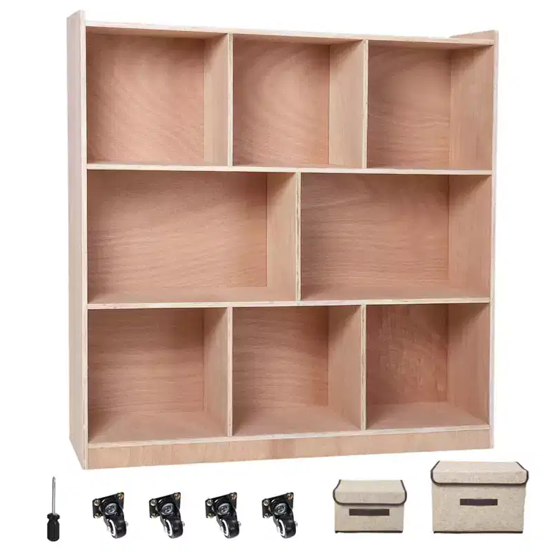 Kids 8-Cubby Storage Cabinet with 4 Casters, 2 Storage Boxes and 5 Hooks, Plywood, 48x12x36.2