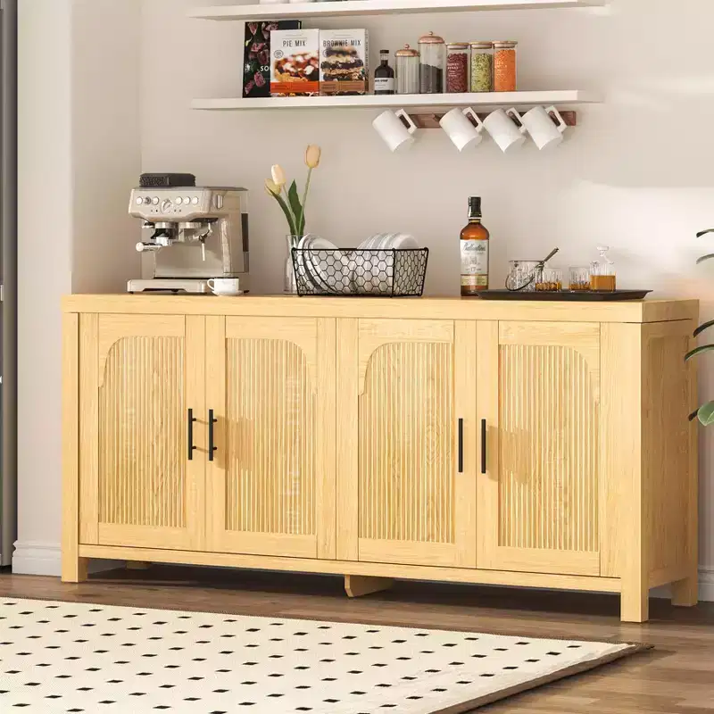 Buffet Cabinet, Sideboard with Storage  71 Modern Farmhouse Arched Fluted Design, 4 Doors with Cable Management & Adjustable Shelves, Light Oak
