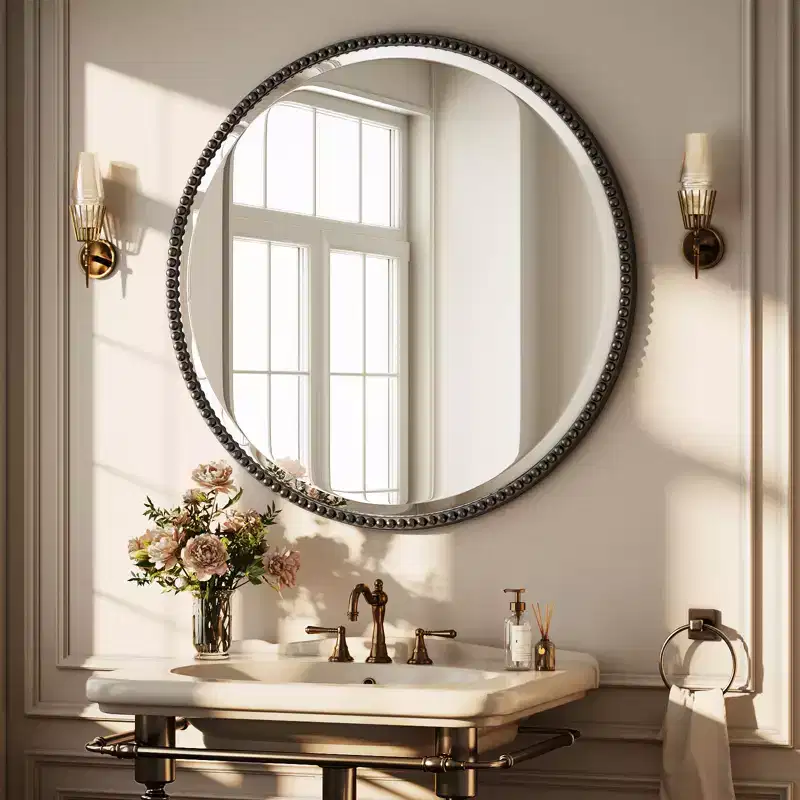 BEAUTYPEAK Beaded Round Wall Mirror Decorative Vanity Bathroom Mirror with Resin Frame